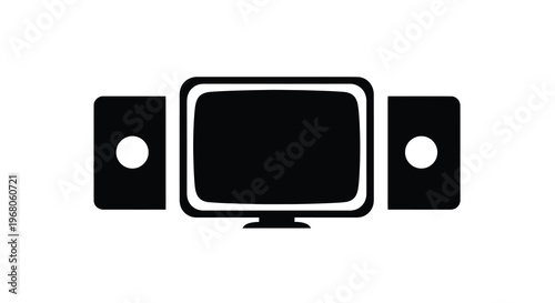 A simple black and white icon depicts a modern television set with accompanying speakers high quality