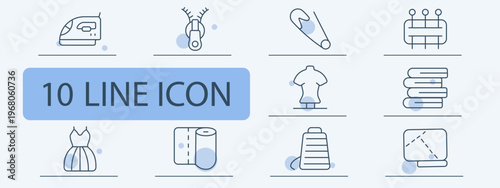 Sewing tailoring set icon. Machine zipper pin board mannequin fabric threads dress roll tools clothing repair textile equipment.