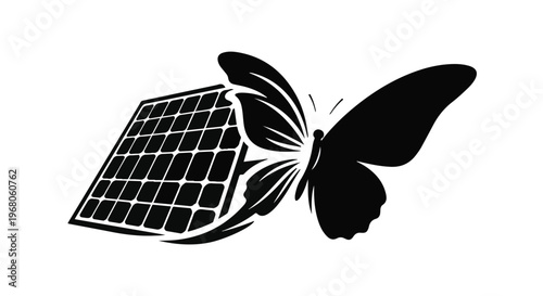 Solar panel transforms into a butterfly's wings, symbolizing renewable energy and nature.