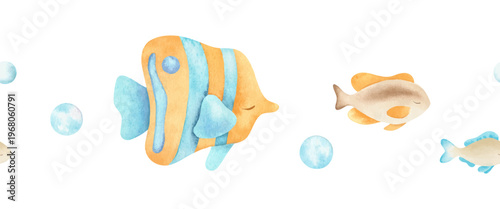 Seamless border of ocean reef fish and bubbles. Hand drawn watercolor kids lane background. Summer marine nursery horizontal banner of cute sea underwater inhabitant for children design, baby goods