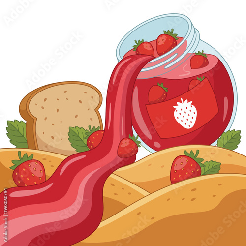 This delightful image features a jar of strawberry jam spilling over a slice of bread, evoking feelings of sweetness and nostalgia for homemade breakfast treats.