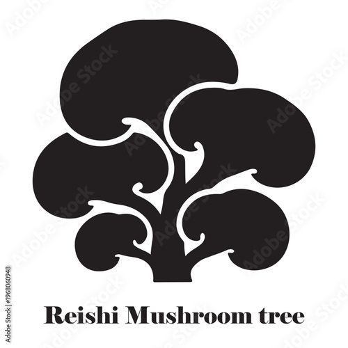 Photos Modern abstract Reishi mushroom tree illustration with rounded cloud-like shapes, minimalist black silhouette for organic wellness, nature-inspired logos, and herbal health designs