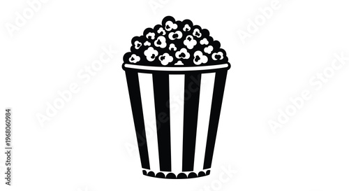 A black and white illustration depicts a striped popcorn bucket overflowing with fluffy kernels high quality