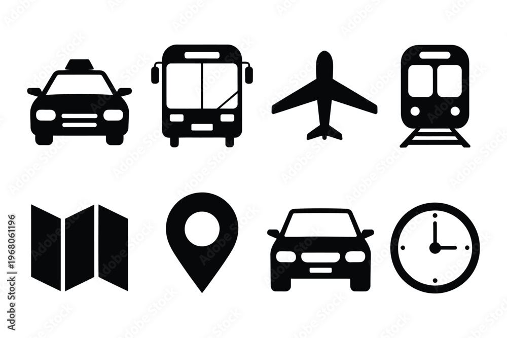 Naklejka premium Transportation icons set featuring taxi, bus, airplane, train, map, location, car, and clock symbols, clean minimal vector illustration collection for travel, transportation, and navigation interface 