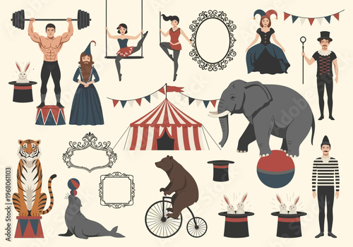 Vintage Circus Performance and Carnival Element Collection with Trained Animals and Classic Performers
