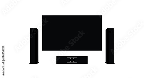 A minimalist depiction of a modern home theater system including a television and speakers high quality