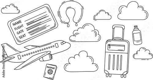Travel and Holiday Icons - Airplane, Luggage, Passport