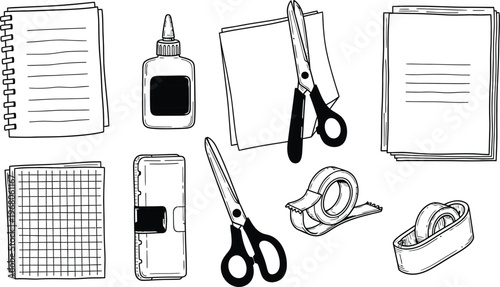 Monochrome Hand-Drawn Craft and Office Supply Set