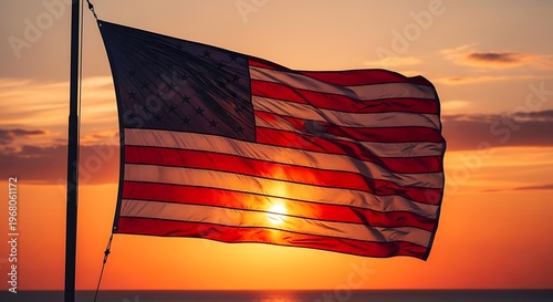 Patriotic 4th of july american flag waving at sunset independence day