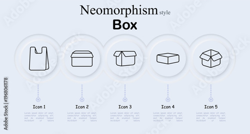 Box set icon. Plastic shopping bag, closed storage container with lid, open cardboard box flaps, shallow tray box form, unfolded parcel box packaging. Neomorphic circular buttons