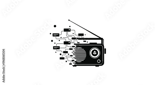 Retro radio with digital elements fragmenting from its speaker.