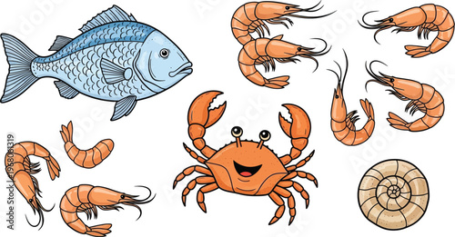 Seafood collection with fish, shrimp, crab, and seashell
