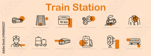 Train station set icon. Line symbols depict passenger train, rail tracks, distance sign, gear system, steam locomotive, uniform suit, conductor figure, luggage cart, high speed train, fuel pump
