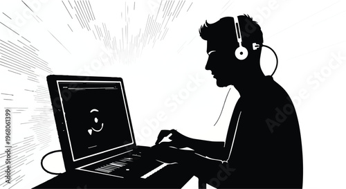 Silhouette of a person wearing headphones and typing on a laptop.