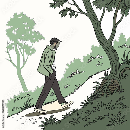 A contemplative man walks along a winding path surrounded by lush green trees and foliage in a peaceful setting