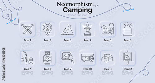 Camping set icon. Stool, location, tent night, stove, trailer, gas cylinder, fishing, burner, map, camper, caravan, signboard, outdoor travel, adventure gear, nature