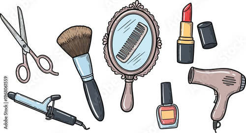 Hand-drawn Beauty and Hair Care Salon Tools Set