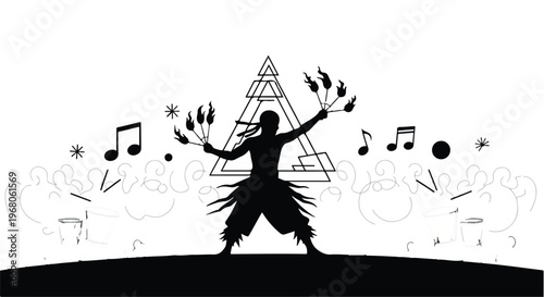 Silhouette of a person dancing with fire poi, surrounded by musical notes and abstract shapes.
