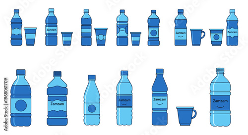 Collection of various blue water bottles and cups on a white background.