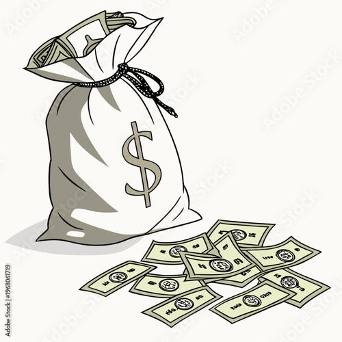 A full sack of money with a dollar sign and scattered coins illustrates financial wealth earnings and potential investment opportunities