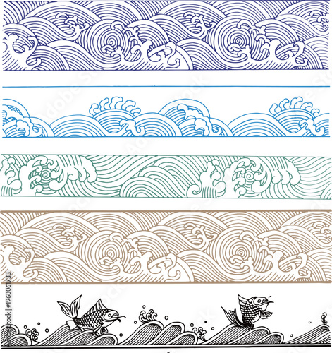 Set of colorful traditional Japanese wave patterns and koi fish illustrations hand drawn oriental sea water decorative borders for textile fabric and greeting card background