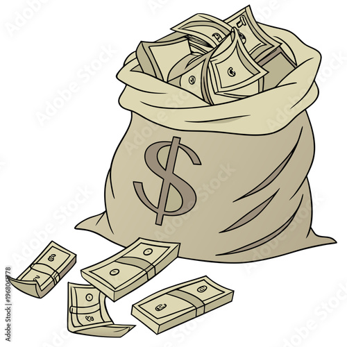 A beige sack overflows with stacks of us dollar bills and loose currency suggesting wealth and financial abundance high quality