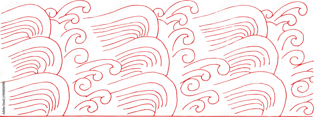 Εκτύπωση καμβά Hand drawn red ink oriental water wave pattern set with repetitive sea ripples a