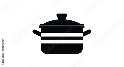 A simple black and white illustration depicts a cooking pot with handles and a lid