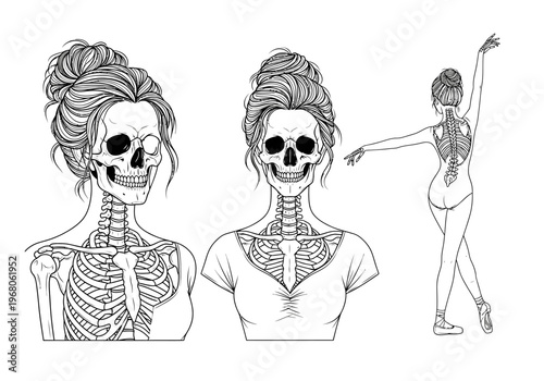 Skeleton Ballerina Line Art Illustration Set - Anatomical Woman with Skull and Ribcage Drawing - Gothic Aesthetic Minimalist Graphics