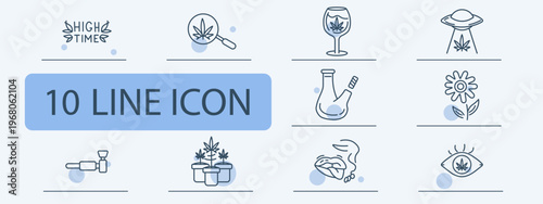 Cannabis set icon. High text, leaf magnifier, wine glass leaf, flying saucer leaf, bong, flower, vapor device, potted plants, lips smoke, eye leaf. Marijuana culture, smoking visuals.