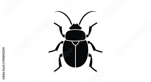A minimalist black silhouette depicts a beetle with prominent antennae and legs high quality professional detailed