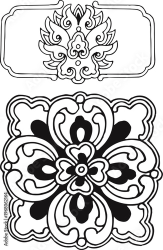 Traditional oriental horizontal border design with symmetrical floral patterns and scrolling vines for elegant stationery and cultural invitation framing assets