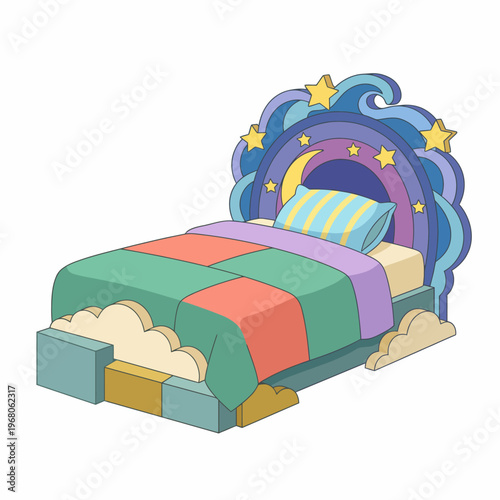 A whimsical bed design for children that features a rainbow of colors, clouds, and stars, creating a magical sleeping space and inspiring sweet dreams.