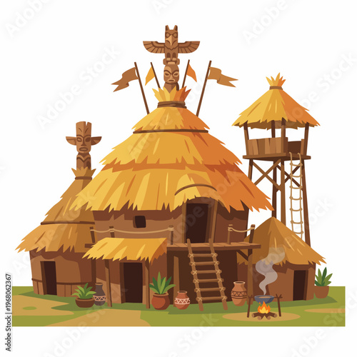 A traditional tribal hut set in a lush landscape, decorated with symbolic totem poles, highlighting the rich cultural heritage and communal lifestyle of indigenous people.