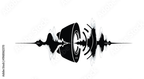 Audio waveform and speaker illustration represent sound technology and music.