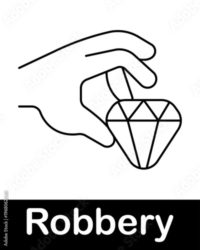 Hand stealing diamond line icon representing theft, robbery and crime concept in minimal outline vector style