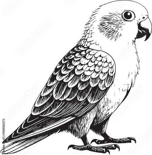 Lovebird Parrot Hand-drawn Sketch Drawing Vector Illustration, Line Linear Symbol Black and White Engraving, Isolated