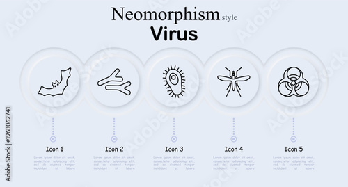 Virus set icon. Neomorphism style interface with bat animal silhouette, branching microbes, bacteria cell shape, mosquito insect, biohazard sign. Soft round buttons