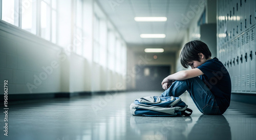 Sad young boy sitting alone in a school hallway with backpack