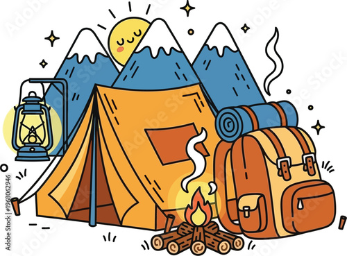 Camping adventure with tent, backpack, and campfire