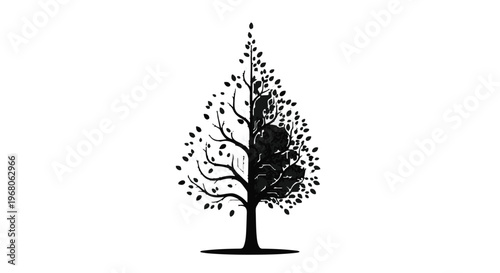 Stylized black silhouette of a tree split down the middle, with one half bare and the other half filled with leaves and what appears to be a human silhouette.
