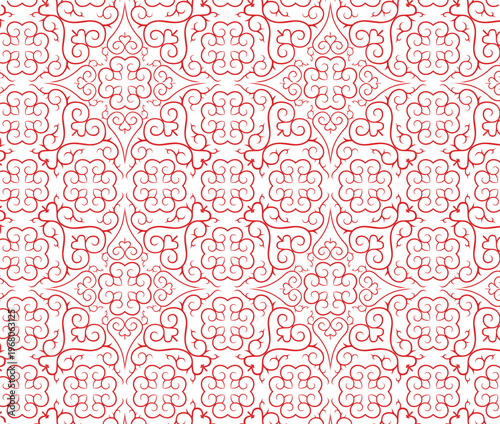 Red traditional Chinese seamless pattern with elegant curly cloud and swirl motifs forming a repeat pattern for textile, wallpaper, and wrapping paper graphic design vector illustration.