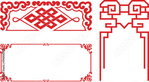 Set of traditional red Chinese cloud and swirl decorative elements with graceful curves and floral motifs isolated on white background for festive lunar new year graphic design.