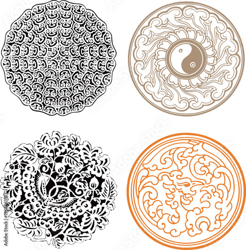 Various red traditional Chinese decorative frame corners and linear borders with cloud and geometric swirl pattern motifs isolated on white background for certificate and invitation cards.