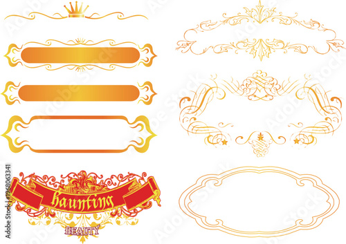 Collection of red traditional Chinese decorative borders and frame elements featuring ancient geometric patterns, swirl motifs and cloud designs isolated on white background for festive graphic art.