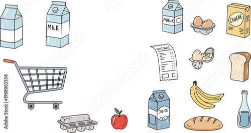 Simple hand-drawn grocery items and shopping cart