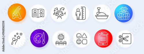 Education learning set icon. Pencil book music child height toy sandbox blocks star palette sun shapes tablet scissors line icons minimal outline style school collection.
