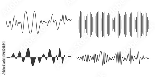 Set of Minimalist Black Sound Waves and Audio Frequency Waveforms on White Background