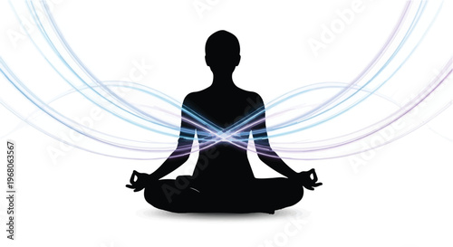 Silhouette of a person meditating with abstract light trails emanating outwards, symbolizing inner peace and energy flow.