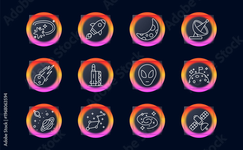 Space exploration set icon. Shooting star, rocket launch, crescent moon, satellite dish, asteroid meteor, launch rocket station, alien head, moon surface flag, ringed planet orbit, constellation stars
